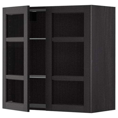 METOD - Wall cabinet w shelves/2 glass drs, black/Lerhyttan black stained, 80x80 cm