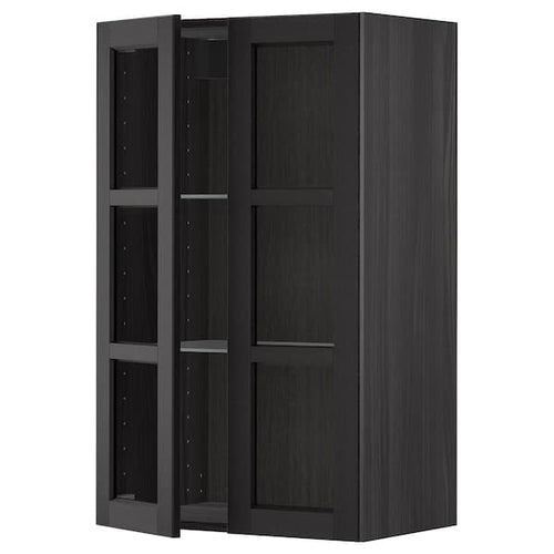 METOD - Wall cabinet w shelves/2 glass drs, black/Lerhyttan black stained, 60x100 cm