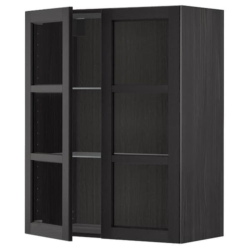 METOD - Wall cabinet w shelves/2 glass drs, black/Lerhyttan black stained, 80x100 cm