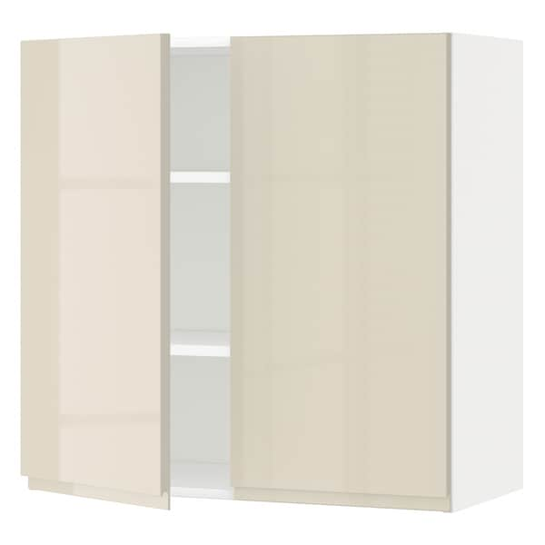 METOD - Wall cabinet with shelves/2 doors, white/Voxtorp high-gloss light beige, 80x80 cm