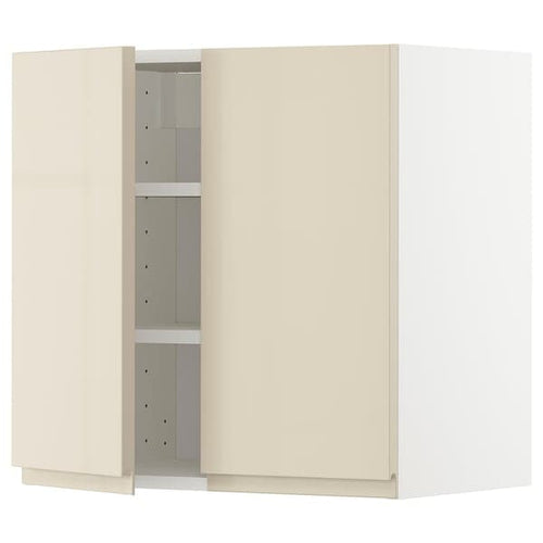 METOD - Wall cabinet with shelves/2 doors, white/Voxtorp high-gloss light beige, 60x60 cm
