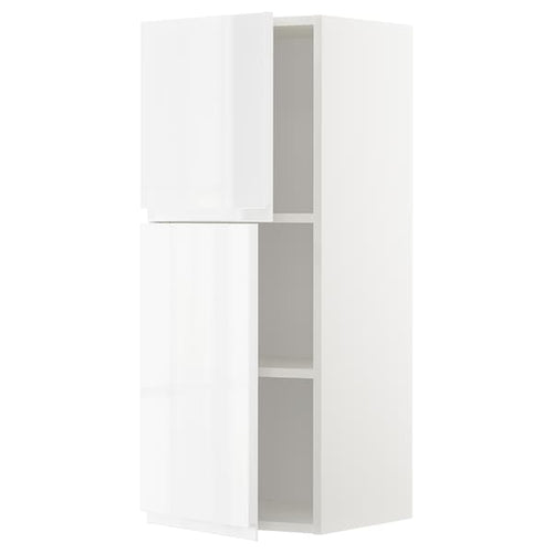 METOD wall cabinet with shelves/2 doors, white/Voxtorp high-gloss/white, 40x100 cm