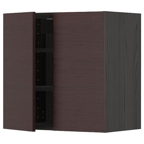 METOD - Wall cabinet with shelves/2 doors, black Askersund/dark brown ash effect, 60x60 cm