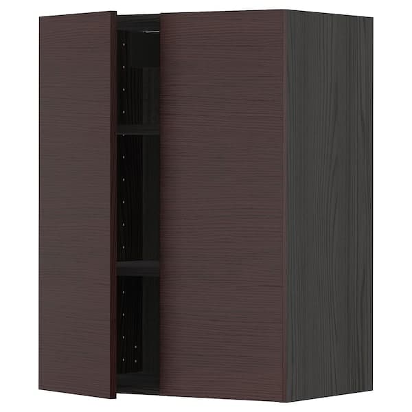 METOD - Wall cabinet with shelves/2 doors, black Askersund/dark brown ash effect