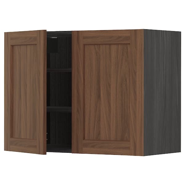 METOD - METOD Wall cabinet with shelves/2 doors, black Enköping/brown walnut effect, 80x60 cm
