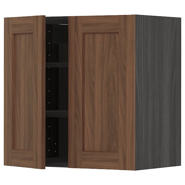 METOD - Wall cabinet with shelves/2 doors, black Enköping/brown walnut effect, 60x60 cm - best price from Maltashopper.com 29476498