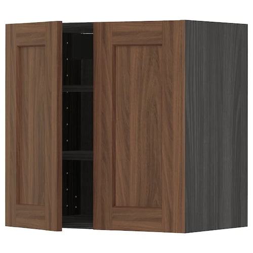 METOD - Wall cabinet with shelves/2 doors, black Enköping/brown walnut effect, 60x60 cm