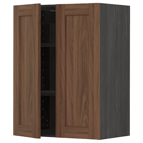METOD - Wall cabinet with shelves/2 doors, black Enköping/brown walnut effect, 60x80 cm