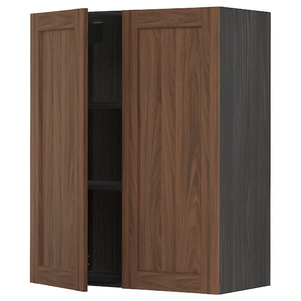 METOD - Wall cabinet with shelves/2 doors, black Enköping/brown walnut effect, 80x100 cm - best price from Maltashopper.com 89476481