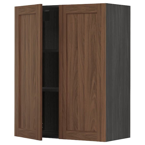 METOD - Wall cabinet with shelves/2 doors, black Enköping/brown walnut effect, 80x100 cm