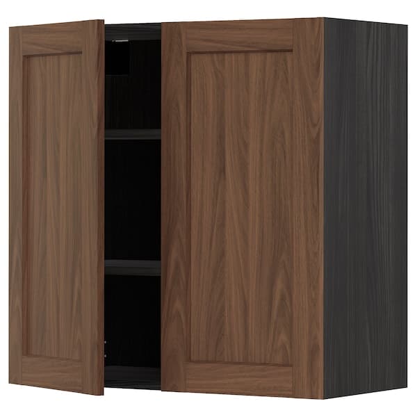 Ikea METOD - Wall cabinet with shelves/2 doors, black Enköping/brown walnut effect, 80x80 cm