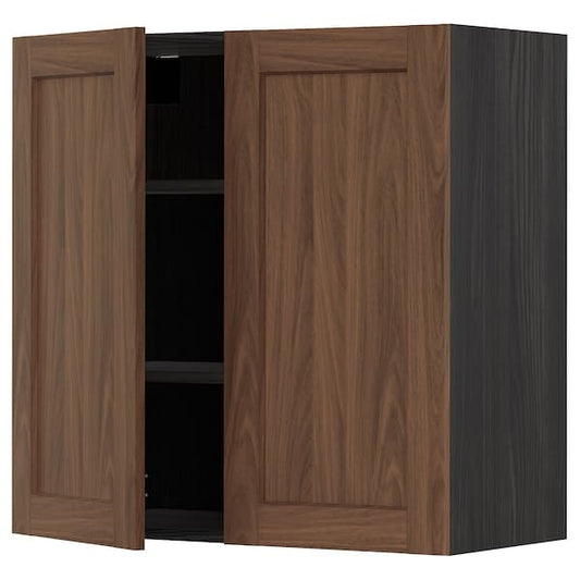 Ikea METOD - Wall cabinet with shelves/2 doors, black Enköping/brown walnut effect, 80x80 cm