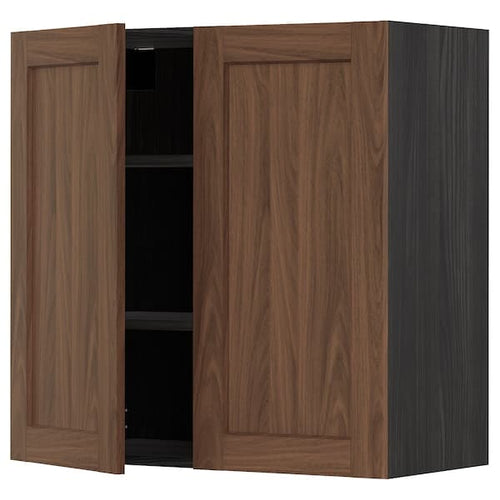 METOD - Wall cabinet with shelves/2 doors, black Enköping/brown walnut effect, 80x80 cm