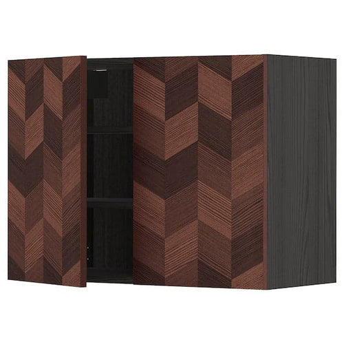 METOD - Wall cabinet with shelves/2 doors, black Hasslarp/brown patterned, 80x60 cm