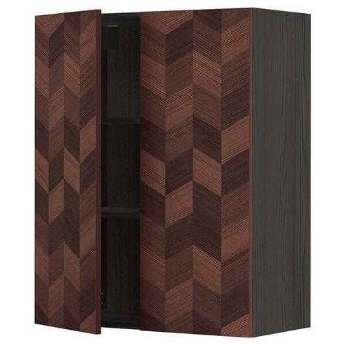 METOD - Wall cabinet with shelves/2 doors, black Hasslarp/brown patterned, 80x100 cm