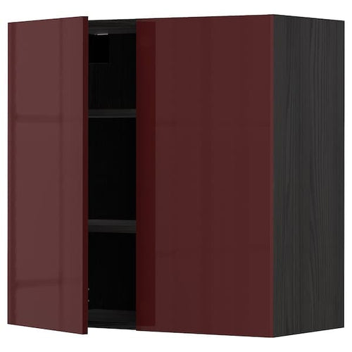METOD - Wall cabinet with shelves/2 doors, black Kallarp/high-gloss dark red-brown, 80x80 cm