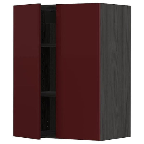 METOD - Wall cabinet with shelves/2 doors, black Kallarp/high-gloss dark red-brown, 60x80 cm