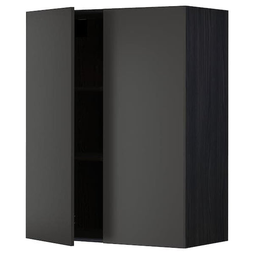 METOD - Wall cabinet with shelves/2 doors, black/Nickebo matt anthracite, 80x100 cm