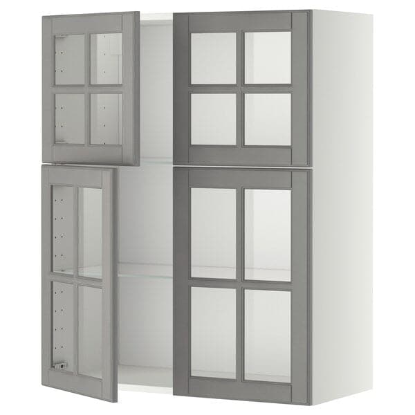 METOD - Wall cabinet w shelves/4 glass drs, white/Bodbyn grey, 80x100 cm - best price from Maltashopper.com 69394962