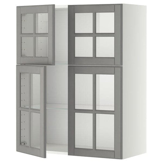 Ikea METOD - Wall cabinet w shelves/4 glass drs, white/Bodbyn grey, 80x100 cm