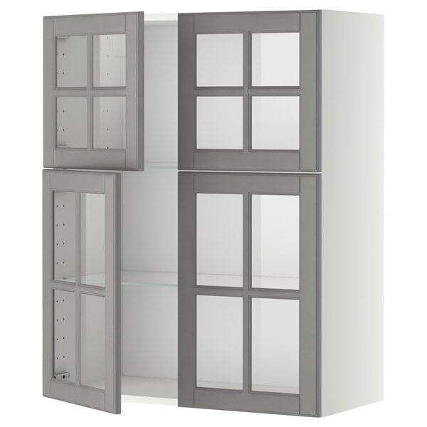 METOD - Wall cabinet w shelves/4 glass drs, white/Bodbyn grey, 80x100 cm