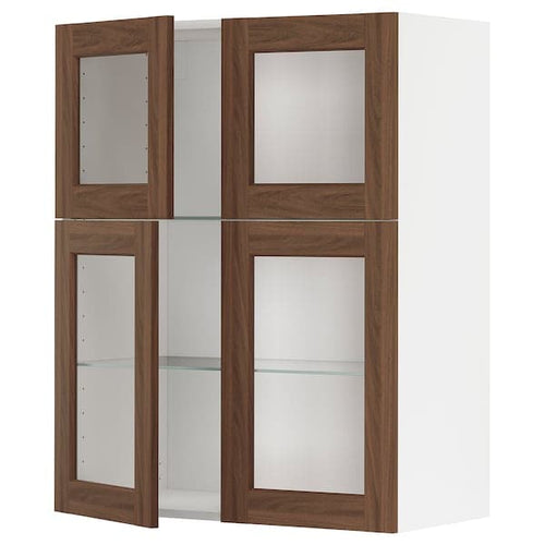 METOD - Wall cabinet w shelves/4 glass drs, white Enköping/brown walnut effect, 80x100 cm