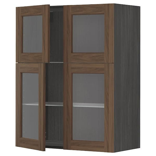 METOD - Wall cabinet w shelves/4 glass drs, black Enköping/brown walnut effect, 80x100 cm