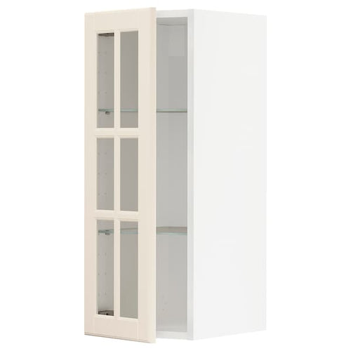 METOD wall cabinet w shelves/glass door, white/Bodbyn off-white, 30x80 cm
