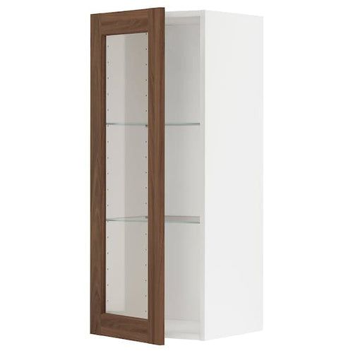 METOD - Wall cabinet w shelves/glass door, white Enköping/brown walnut effect, 40x100 cm