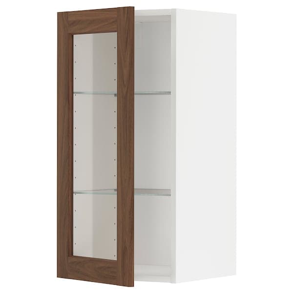 METOD - Wall cabinet w shelves/glass door, white Enköping/brown walnut effect, 40x80 cm