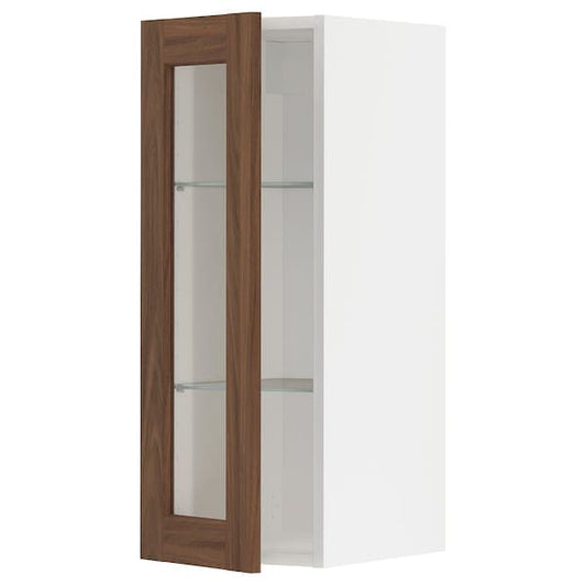 Ikea METOD - Wall cabinet w shelves/glass door, white Enköping/brown walnut effect, 30x80 cm