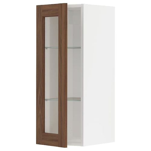 METOD - Wall cabinet w shelves/glass door, white Enköping/brown walnut effect, 30x80 cm