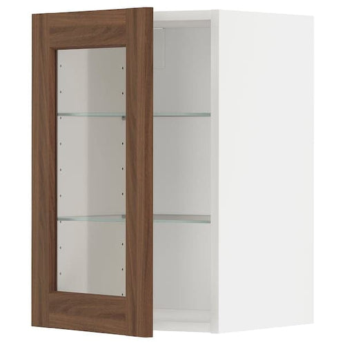 METOD - Wall cabinet w shelves/glass door, white Enköping/brown walnut effect, 40x60 cm