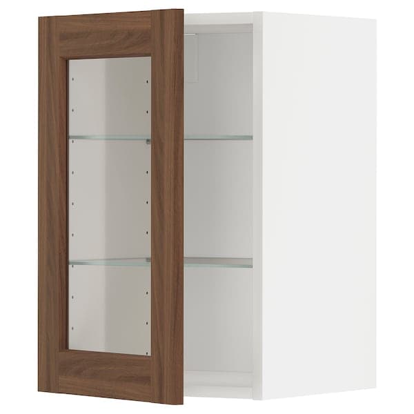 METOD - Wall cabinet w shelves/glass door, white Enköping/brown walnut effect, 40x60 cm