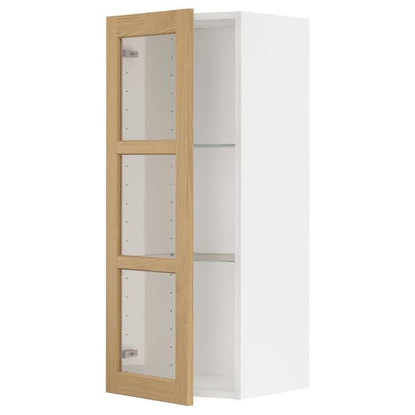 METOD - METOD Wall cabinet w shelves/glass door, white/Forsbacka oak, 40x100 cm