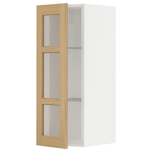 METOD - Wall cabinet w shelves/glass door, white/Forsbacka oak, 30x80 cm