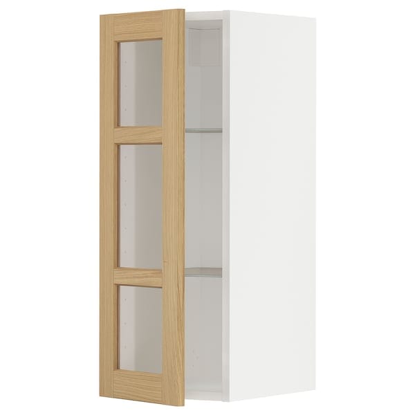 METOD - Wall cabinet w shelves/glass door, white/Forsbacka oak, 30x80 cm