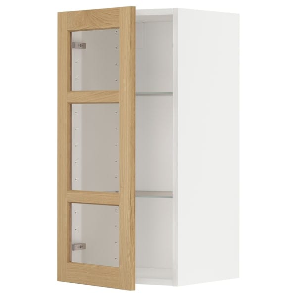 METOD - Wall cabinet w shelves/glass door, white/Forsbacka oak, 40x80 cm