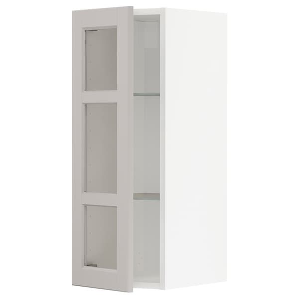 METOD - Wall cabinet w shelves/glass door, white/Lerhyttan light grey, 30x80 cm