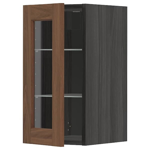 METOD - Wall cabinet w shelves/glass door, black Enköping/brown walnut effect, 30x60 cm