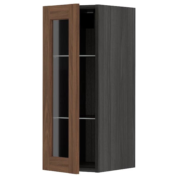 METOD - Wall cabinet w shelves/glass door, black Enköping/brown walnut effect, 30x80 cm - best price from Maltashopper.com 39476515