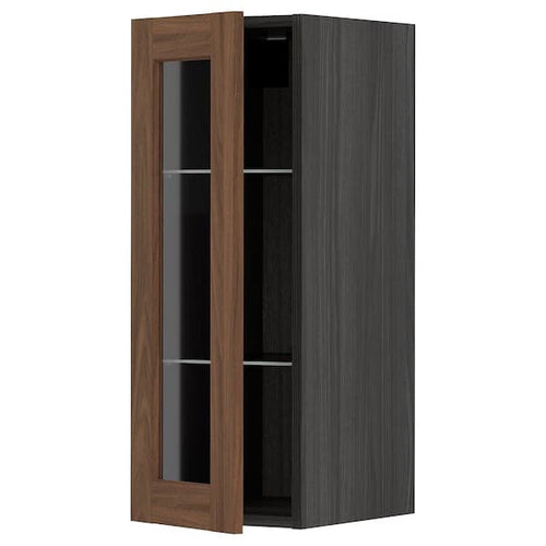 METOD - Wall cabinet w shelves/glass door, black Enköping/brown walnut effect, 30x80 cm