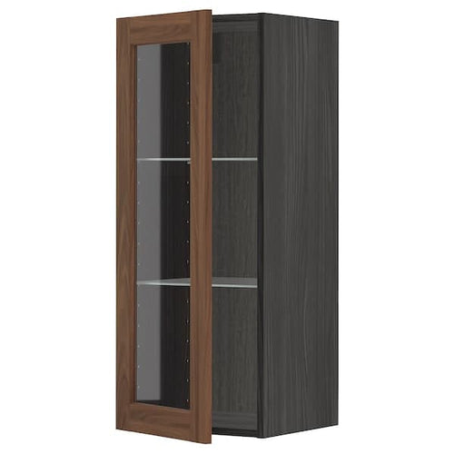 METOD - Wall cabinet w shelves/glass door, black Enköping/brown walnut effect, 40x100 cm