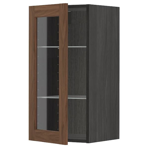 METOD - Wall cabinet w shelves/glass door, black Enköping/brown walnut effect, 40x80 cm