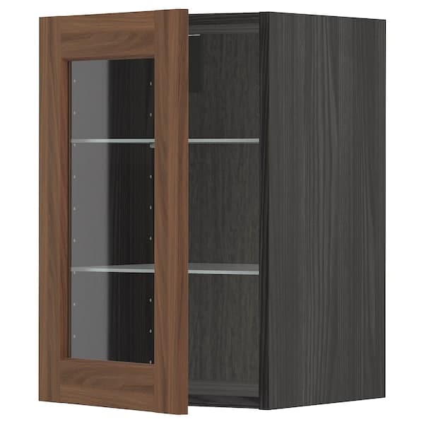 METOD - Wall cabinet w shelves/glass door, black Enköping/brown walnut effect, 40x60 cm - best price from Maltashopper.com 99476485