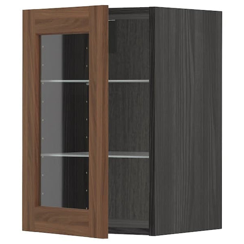 METOD - Wall cabinet w shelves/glass door, black Enköping/brown walnut effect, 40x60 cm