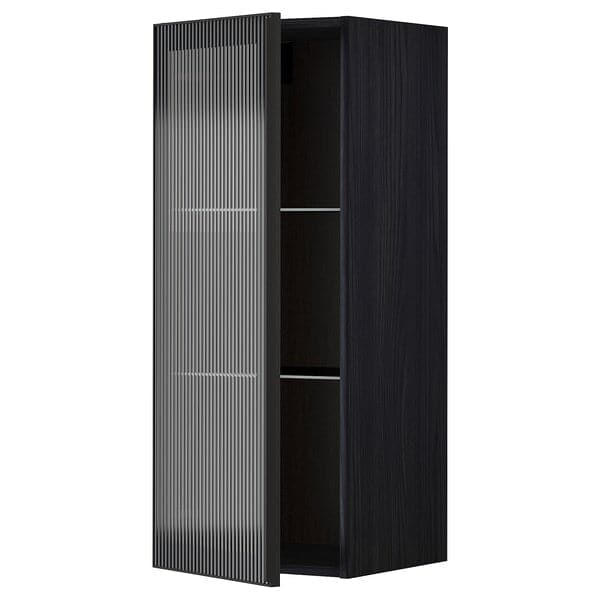 METOD - Wall cabinet w shelves/glass door, black/Hejsta anthracite reeded glass, 40x100 cm