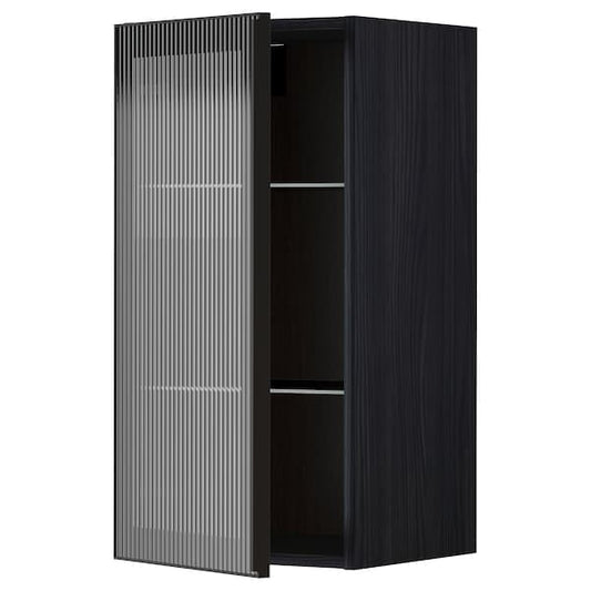 METOD - Wall cabinet w shelves/glass door, black/Hejsta anthracite reeded glass, 40x80 cm - best price from Maltashopper.com 49490728
