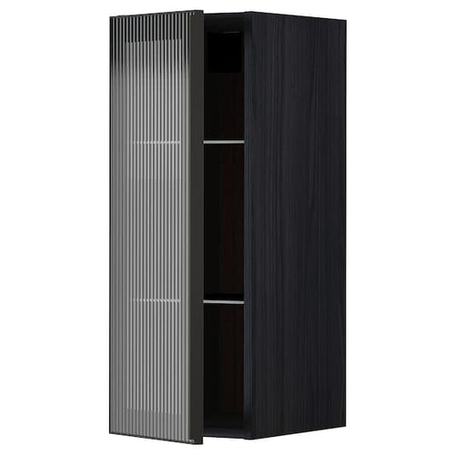 METOD - Wall cabinet w shelves/glass door, black/Hejsta anthracite reeded glass, 30x80 cm