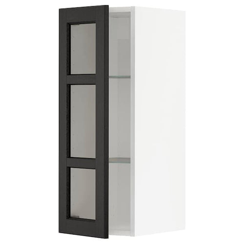 METOD - Wall cabinet w shelves/glass door, black/Lerhyttan black stained, 30x80 cm